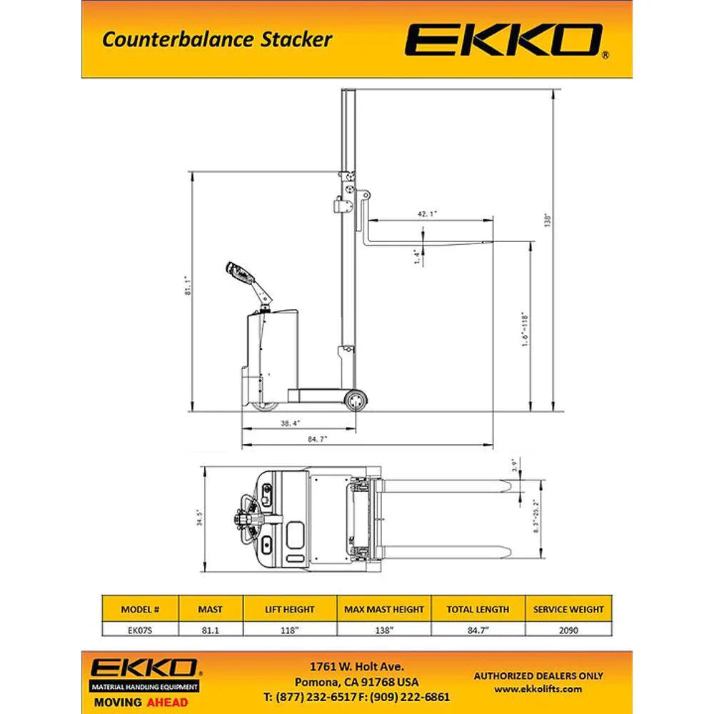 Electric Counterbalanced Walkie Stacker | 1550 lbs. | Lift Height 118''| EKKO EK07S