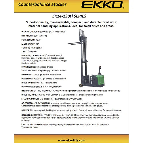 Electric Counterbalanced Walkie Stacker | Lithium | 3300 lbs. |Lift Height 130''| EKKO EK14-130LI