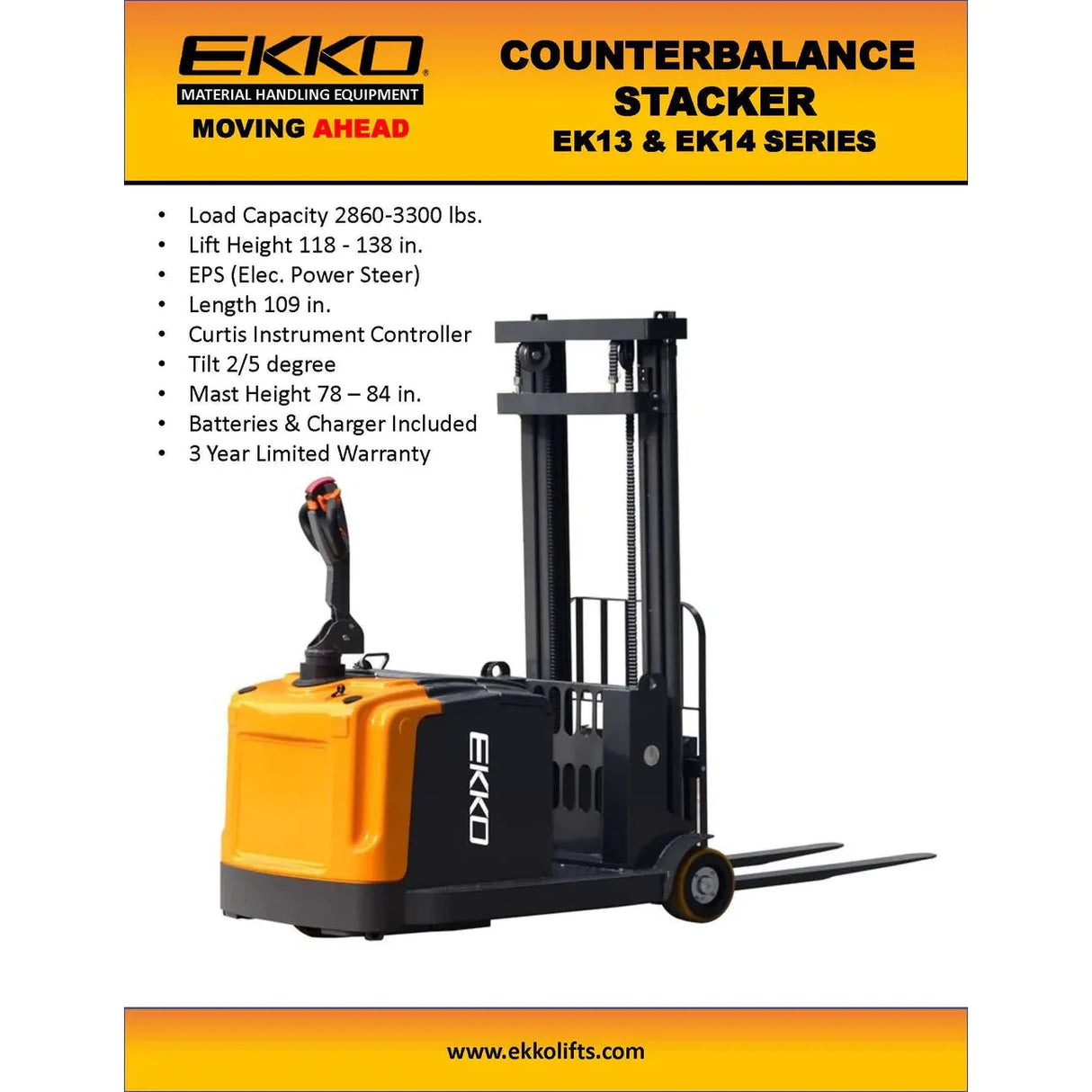 Electric Counterbalanced Walkie Stacker | 3300 lbs. | Lift Height 138''| EKKO EK14-138