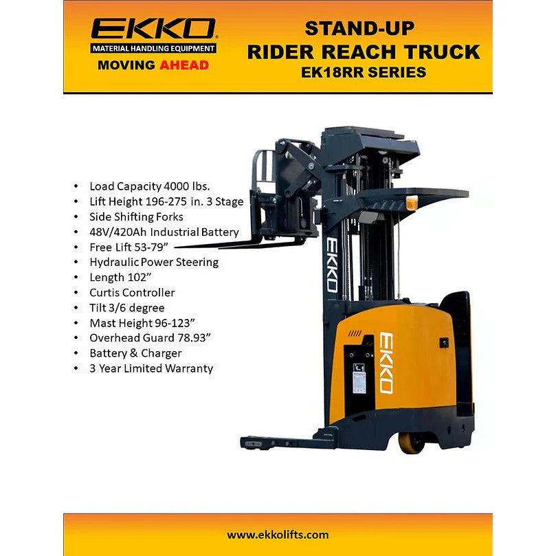Electric Reach Truck | 4000 lbs. Capacity | Lift Height 275'' | EKKO EK18RR