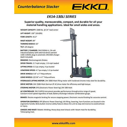 Counterbalanced Walkie Stacker | 3300 lbs Capacity | Raised Height 130'' | EKKO EK14S-130LI