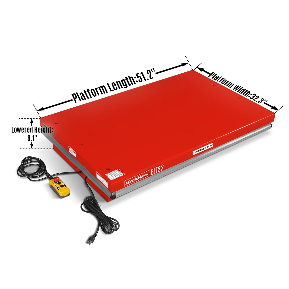 2200lb Capacity Stationary Electric Hydraulic Lift Table , 51.2" x 32.3" Platform, 39.4" Lift Height , UL Certified Motor, ELT22