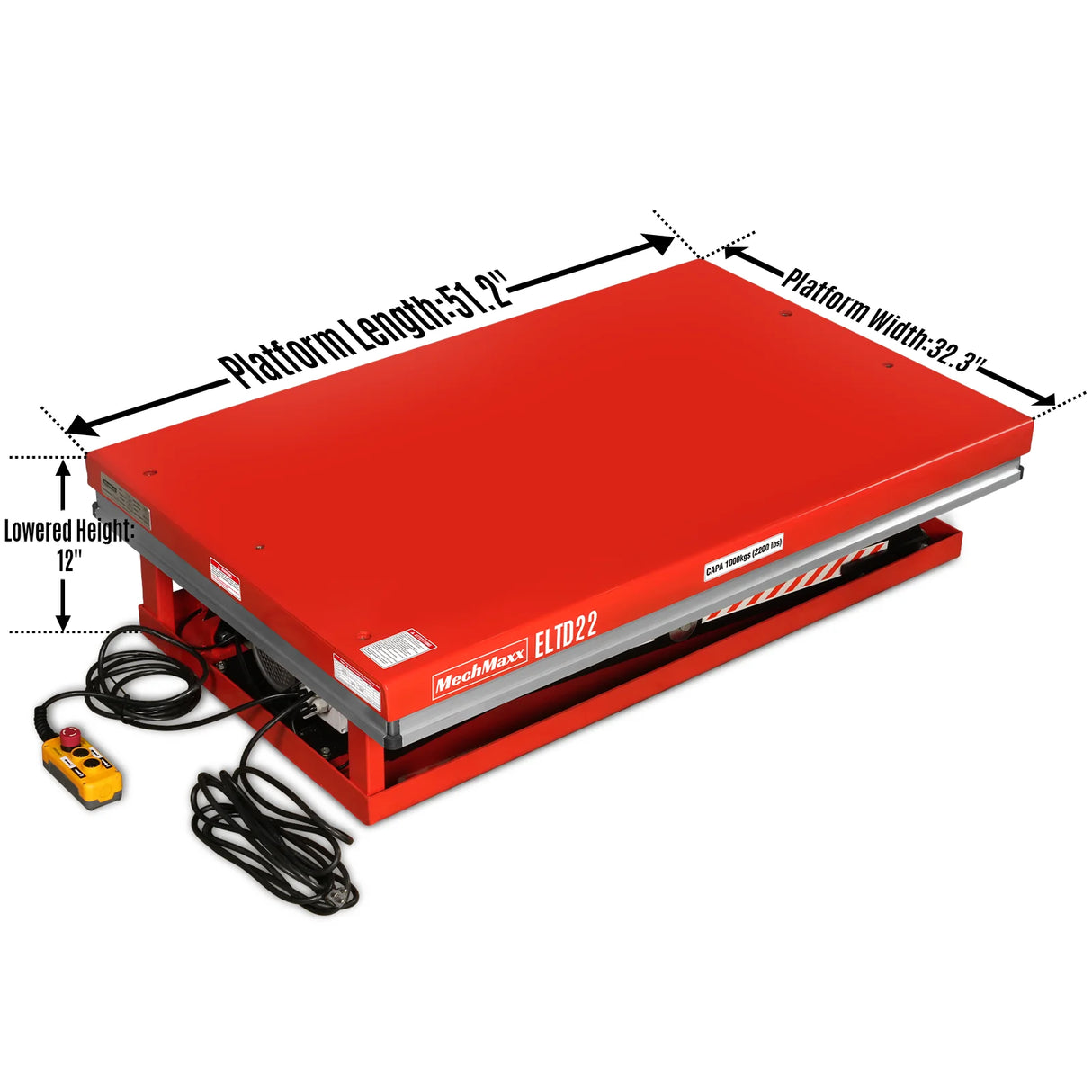 2200 lbs Capacity Stationary Electric Hydraulic Double Scissor Lift Table - 51.2" x 32.3" Platform, 70.1" Lift Height, UL Certified Motor, ELTD22
