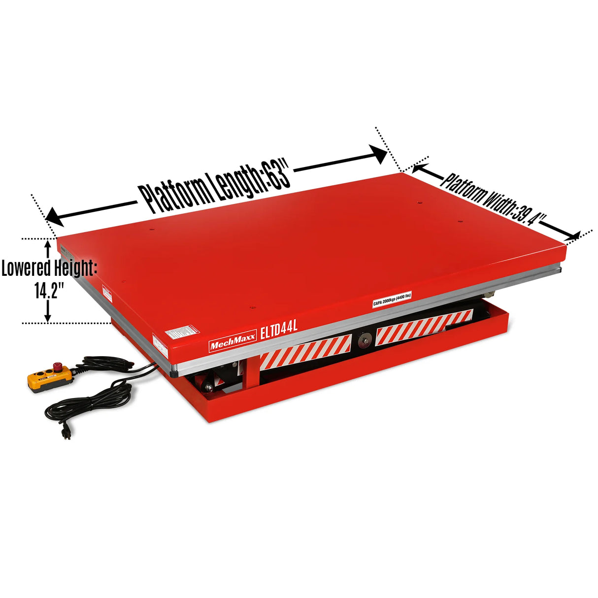 4400 lb Capacity Stationary Electric Hydraulic Double Scissor Lift Table - 63" x 39.4" Platform, 70.1" Lift Height, UL Certified Motor, ELTD44L