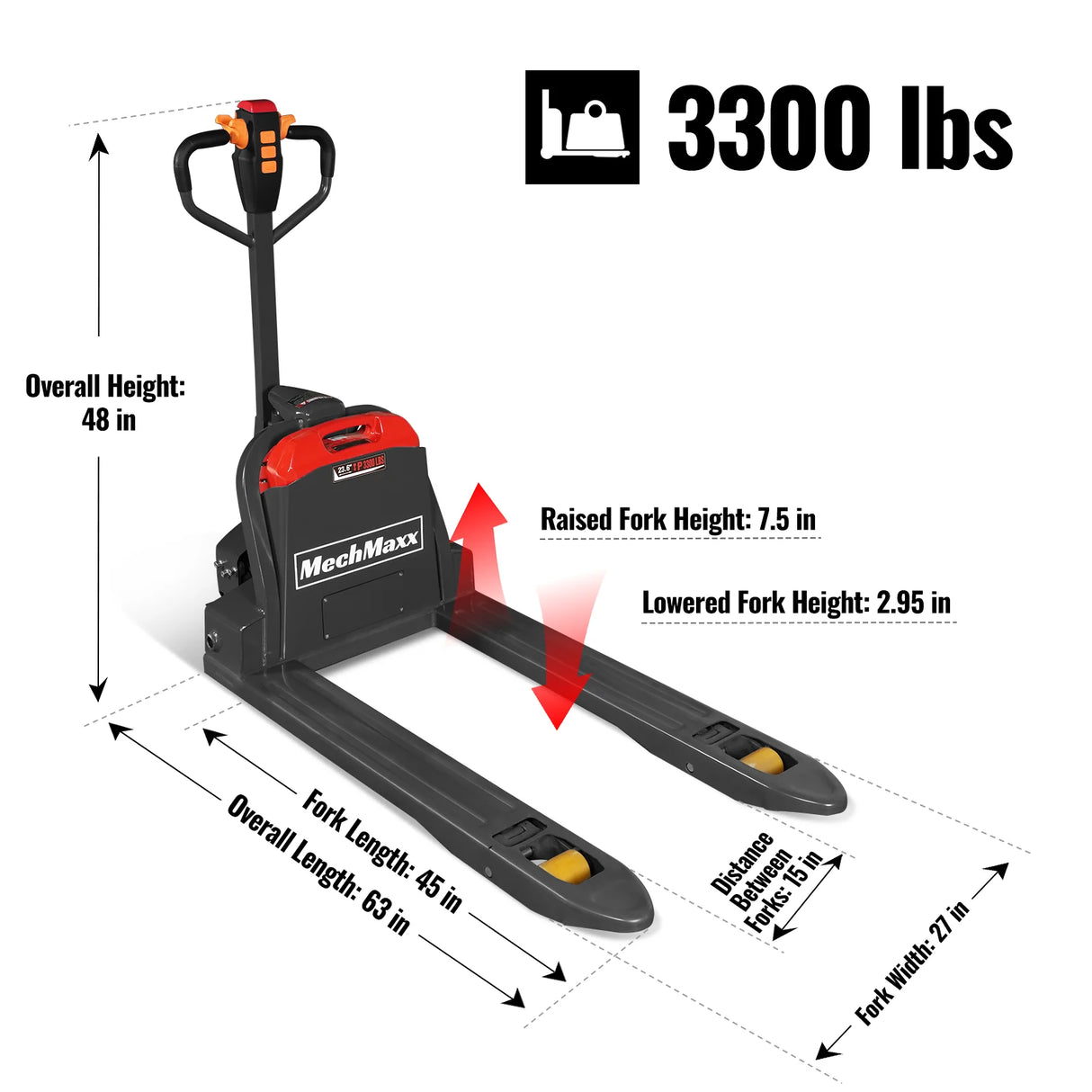 3300lbs Lithium-ion Electric Pallet Jack, 45"x27" Fork, 24V 40Ah Removable Battery, Walkie Type Truck, LPT33