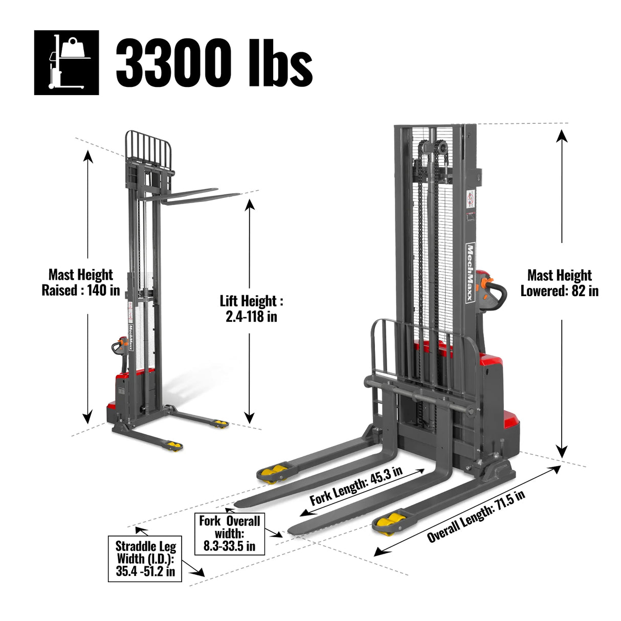 3300lbs Electric Straddle Stacker, 118" Lift, Adjustable Legs & Forks, F33-118SLA