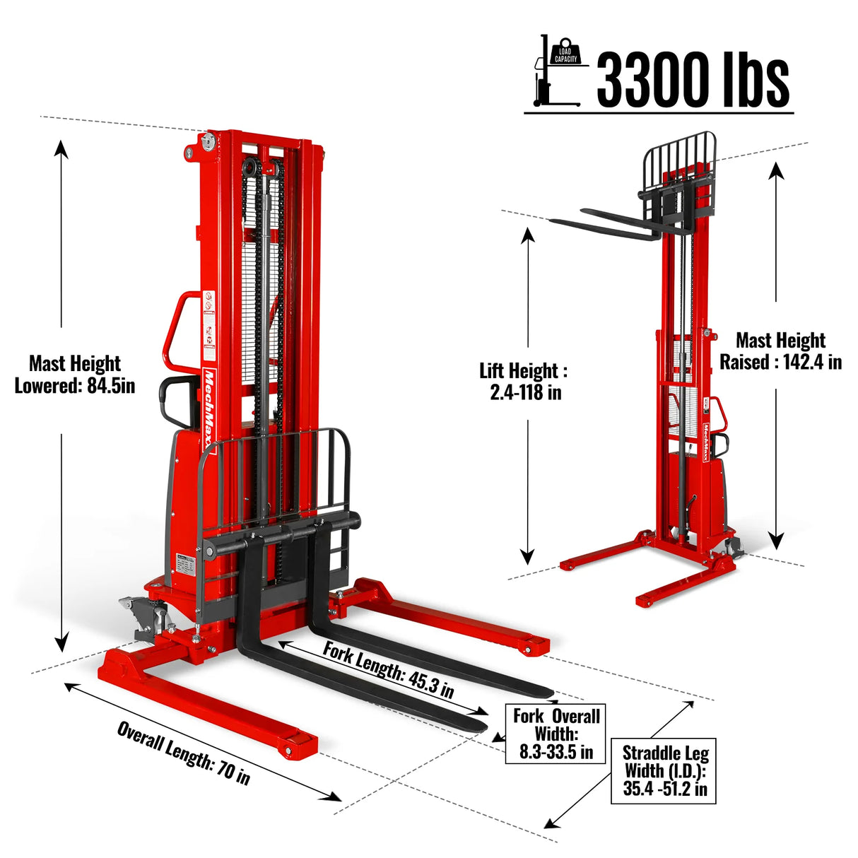 3300lbs Semi-Electric Straddle Stacker, 118" Lift, Adjustable Legs & Forks, S33-118S