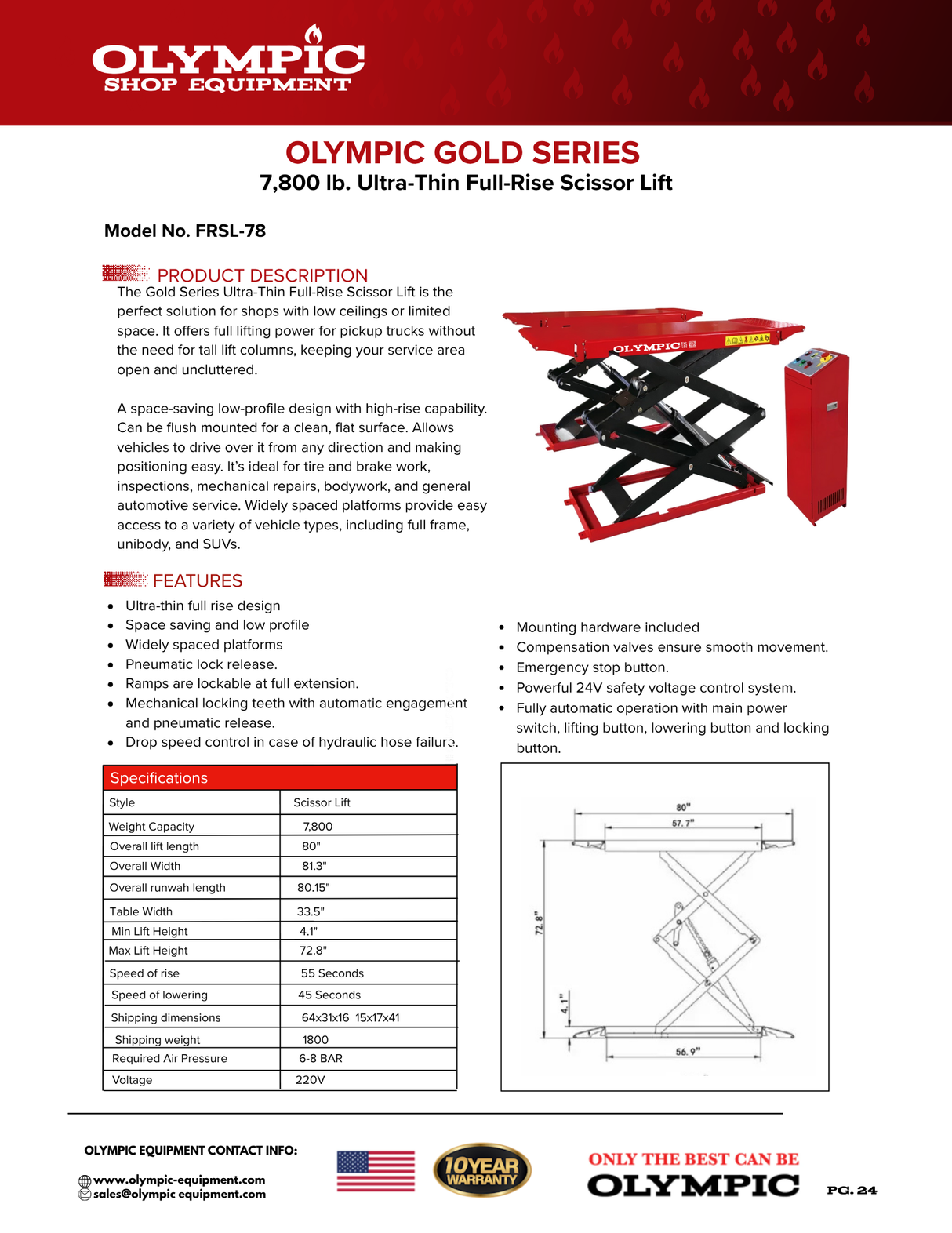 Olympic Equipment 7,800 lb Ultra-Thin Full-Rise Scissor Lift FRSL-78