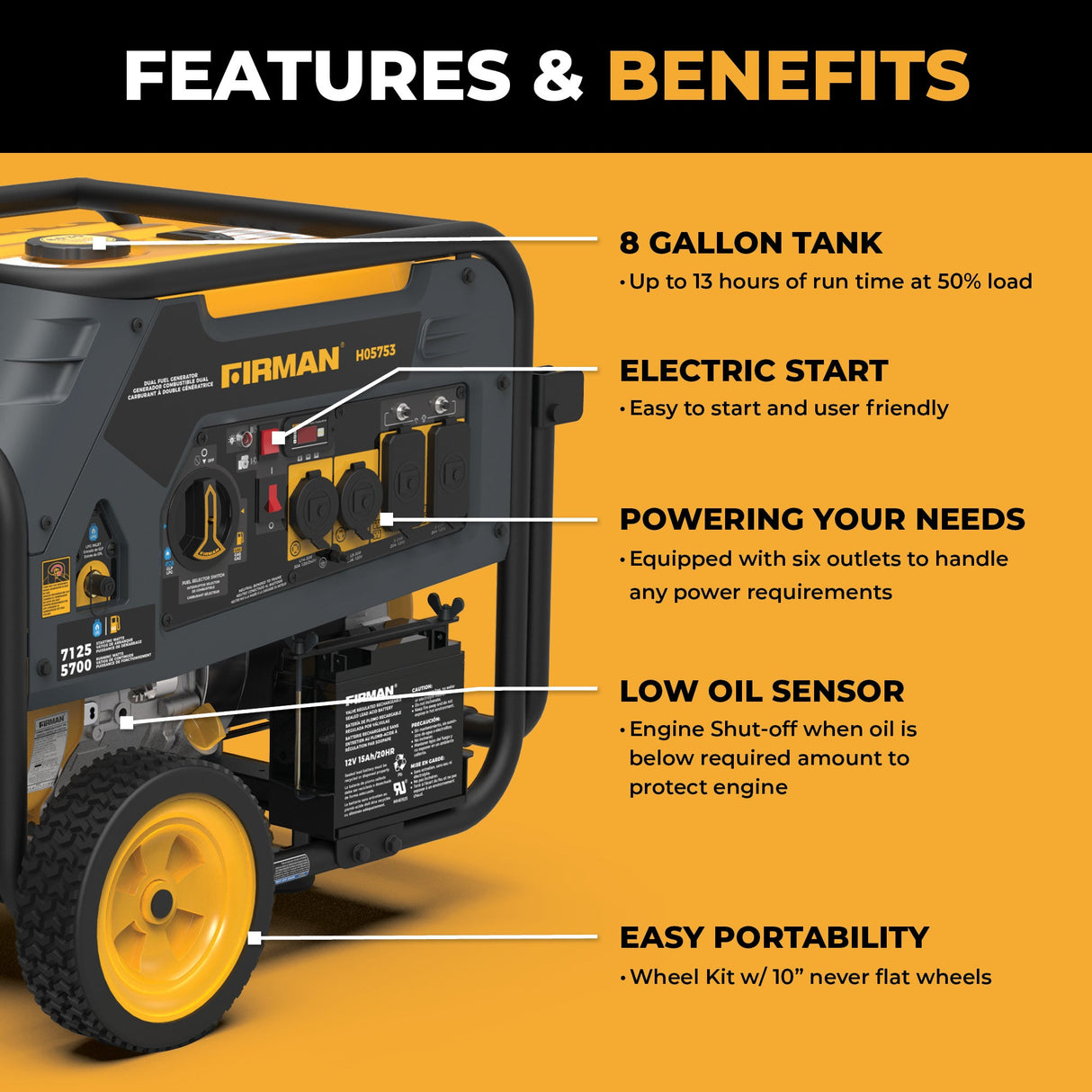 Dual Fuel Portable Generator 5700W Electric Start 120/240V