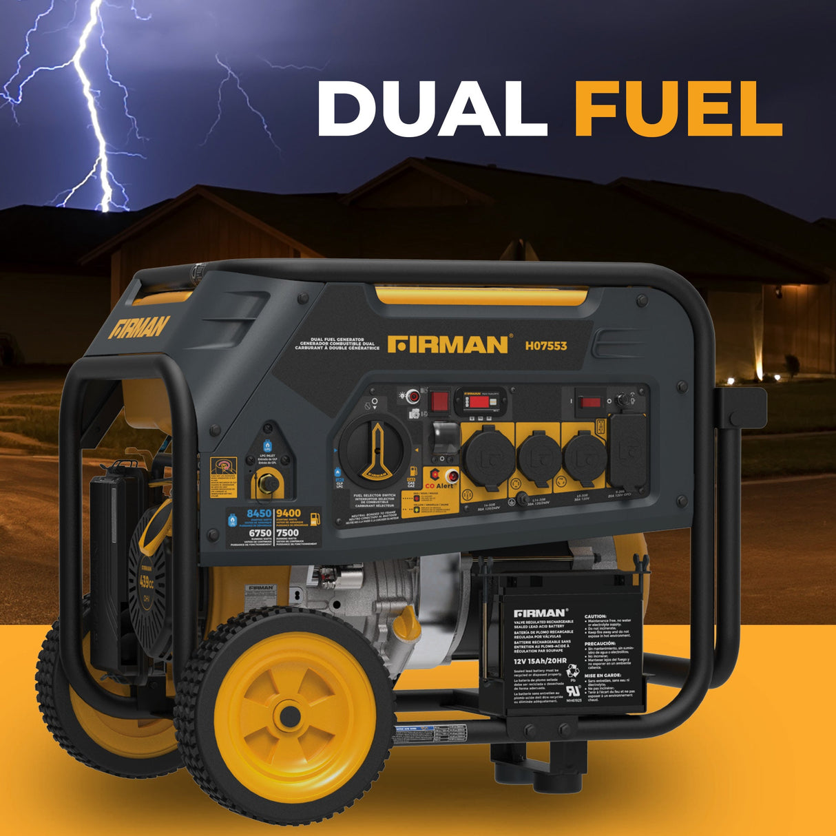 Refurbished Dual Fuel Portable Generator 9400W Electric Start 120/240V with CO Alert