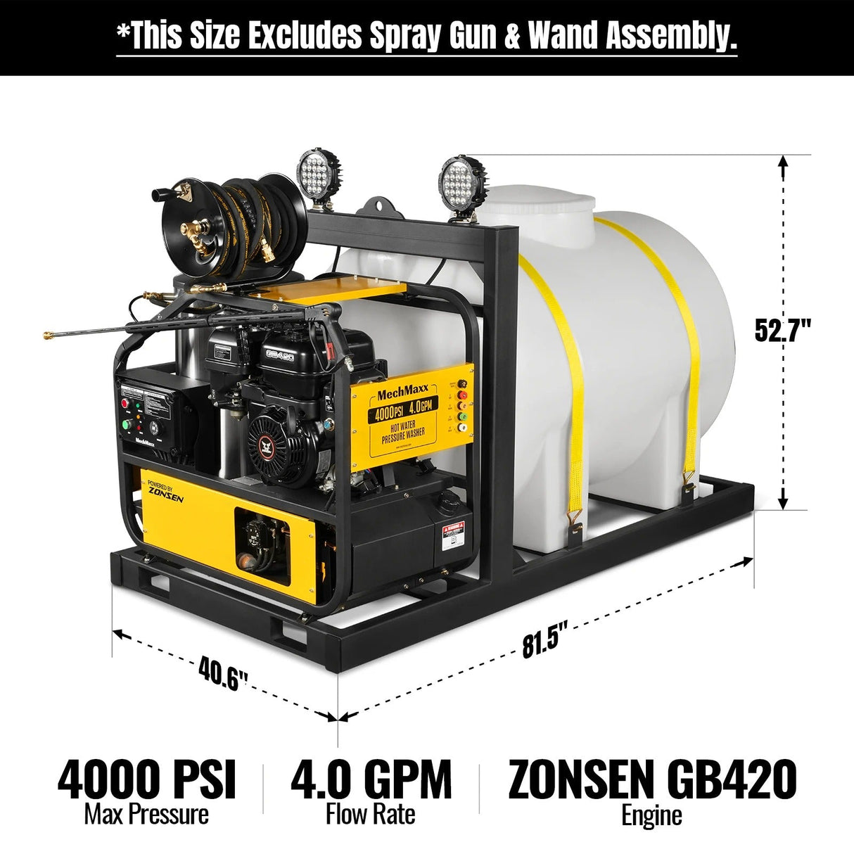 4000 PSI 4 GPM ZONSEN E-Start Engine Hot Water Pressure Washer Skid Mounted with 245 Gal Tank, HPW40DBT
