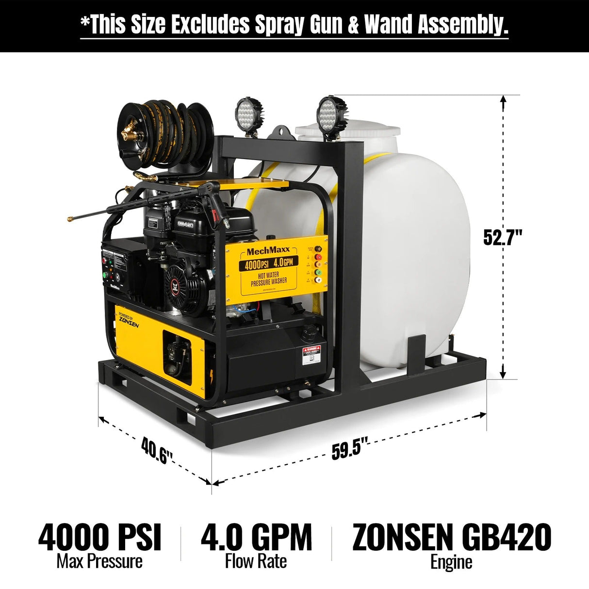 4000 PSI 4 GPM ZONSEN E-Start Engine Hot Water Pressure Washer Skid Mounted with 175 Gal Tank, HPW40DT