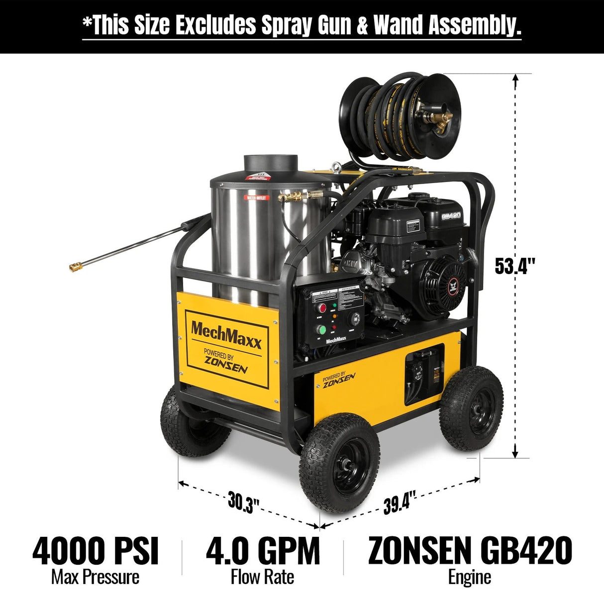 4000 PSI 4 GPM ZONSEN E-Start Engine Hot Water Pressure Washer with Hose Reel, HPW40D