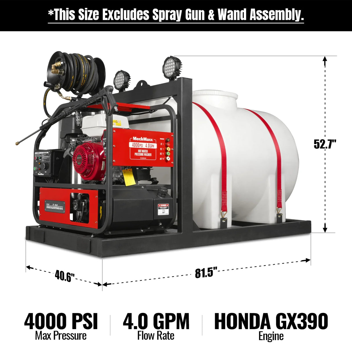 4000 PSI 4 GPM HONDA E-Start Engine Hot Water Pressure Washer Skid Mounted with 245 Gal Tank, HPW40HBT