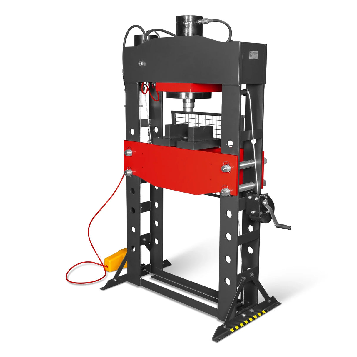 100 Ton H-Frame Air/Hydraulic Shop Press with Hand Winch, Fully Welded Steel Frame, Safety Guard, Foot Pedal Control, HSP100