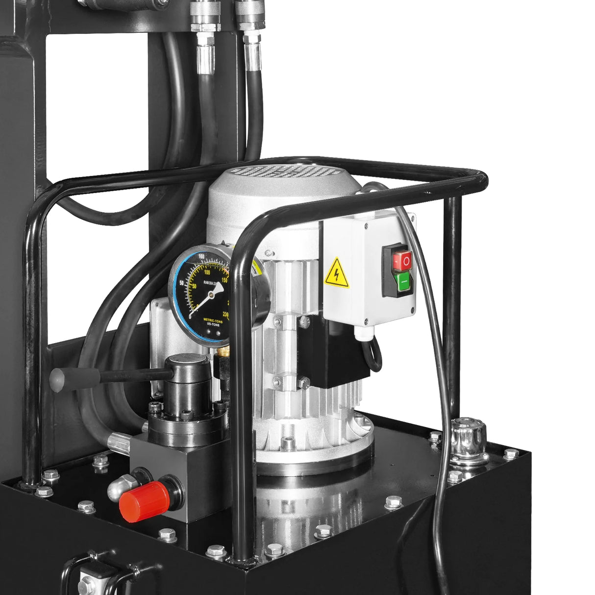 150 Ton H-Frame Electric Hydraulic Shop Press with Double-Acting Cylinder & Chain-Driven Table Lift, 110V Motor, Fully Welded Steel Frame, Safety Guard, HSP150E