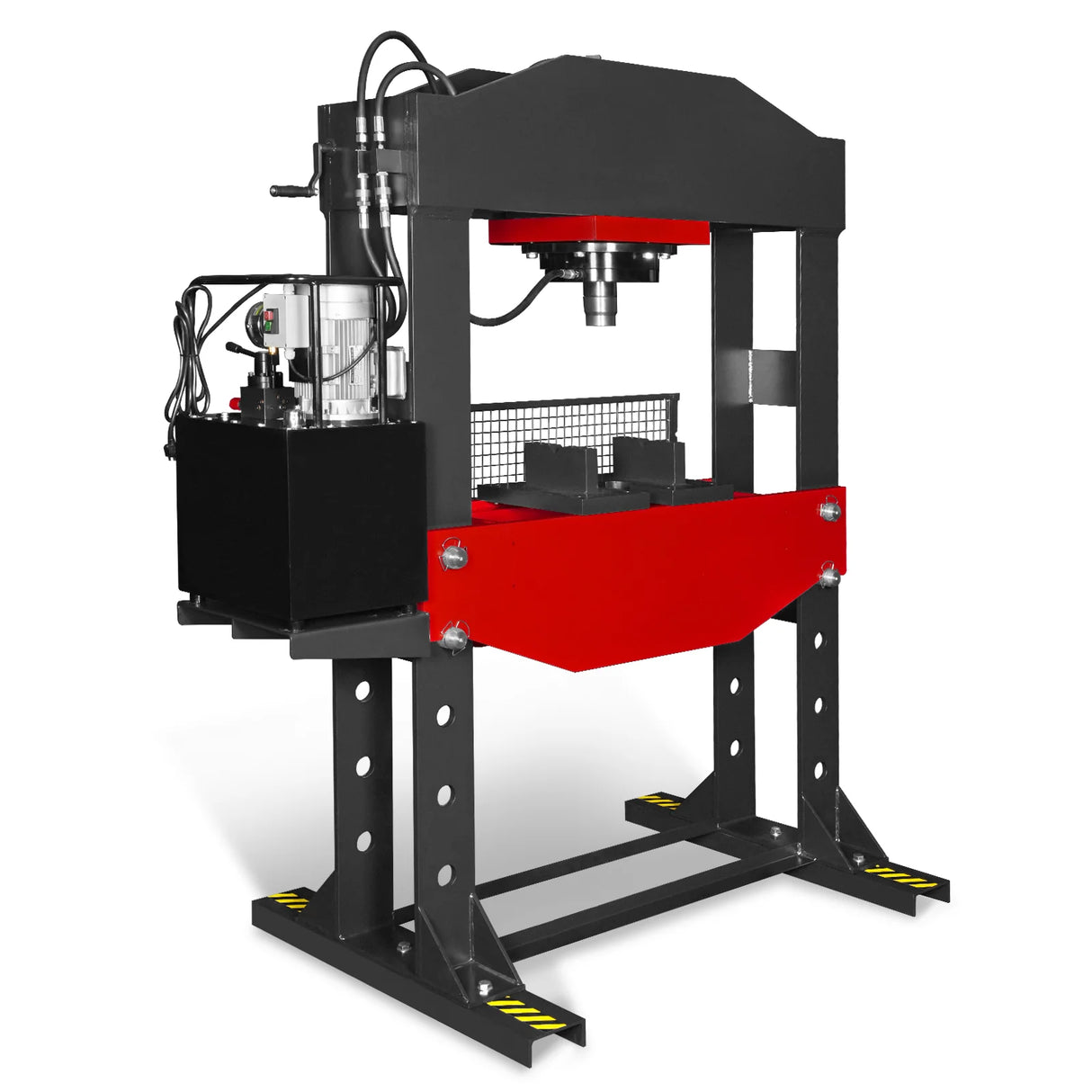 150 Ton H-Frame Electric Hydraulic Shop Press with Double-Acting Cylinder & Chain-Driven Table Lift, 110V Motor, Fully Welded Steel Frame, Safety Guard, HSP150E