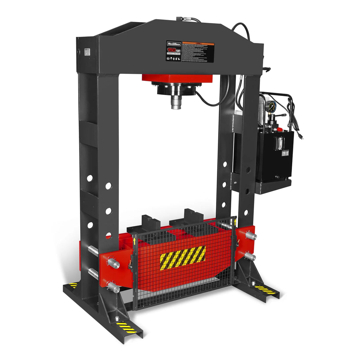 150 Ton H-Frame Electric Hydraulic Shop Press with Double-Acting Cylinder & Chain-Driven Table Lift, 110V Motor, Fully Welded Steel Frame, Safety Guard, HSP150E