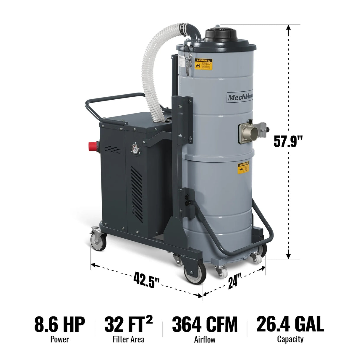 Industrial Wet/Dry Vacuum Cleaner with HEPA Filter Continuous Duty 8.6 HP 364 CFM 26.4 Gallon - 230V 3Phase, IVB230