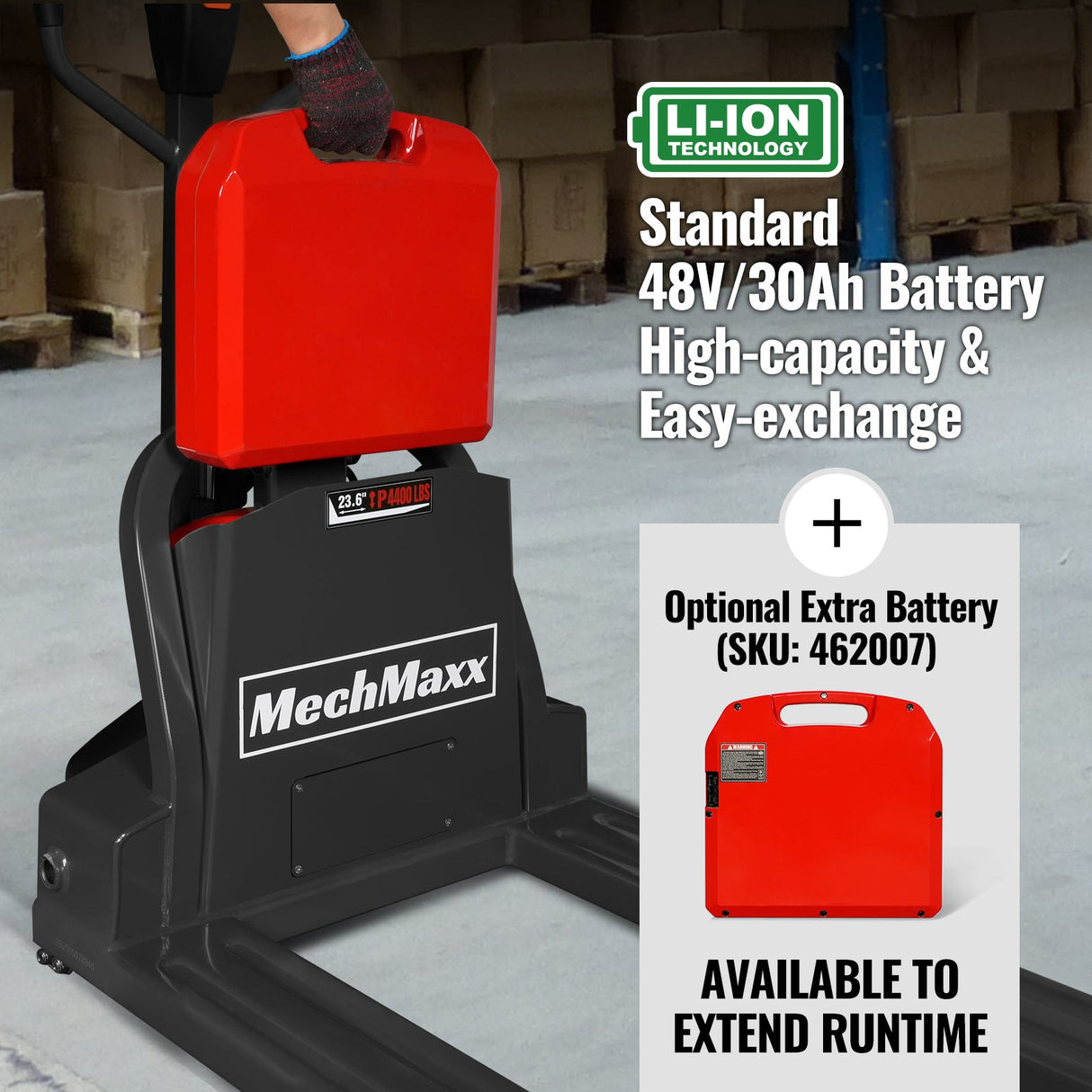 4400lbs Lithium-ion Electric Pallet Jack, 45"x27" Fork, 48V 30Ah Removable Battery, Walkie Type Truck, LPT44