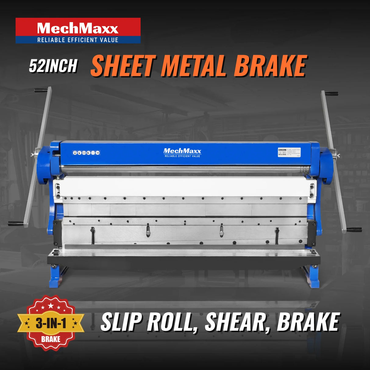 MechMaxx 52-inch 3-in-1 Heavy Duty Pan and Box Brake – Slip Roll, Shear, Bending Machine for Sheet Metal, 16 Gauge Mild Steel, Adjustable Fingers, Heavy Duty, Metalworking, Fabrication, Rolling, Bending MMCB5216