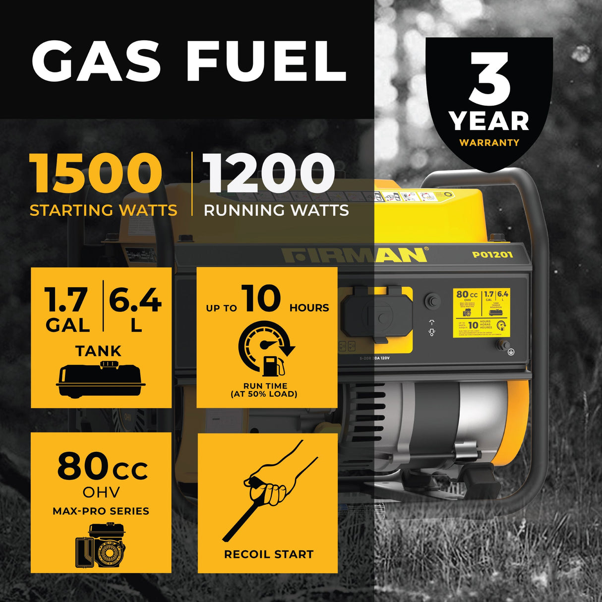 Gas Portable Generator 1500W Recoil Start