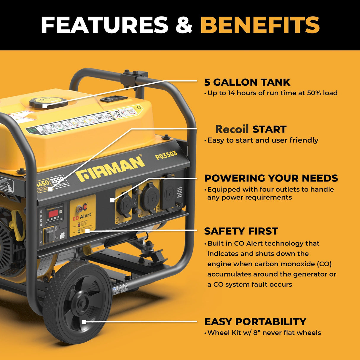 Gas Portable Generator 4450W Recoil Start 120V with CO alert