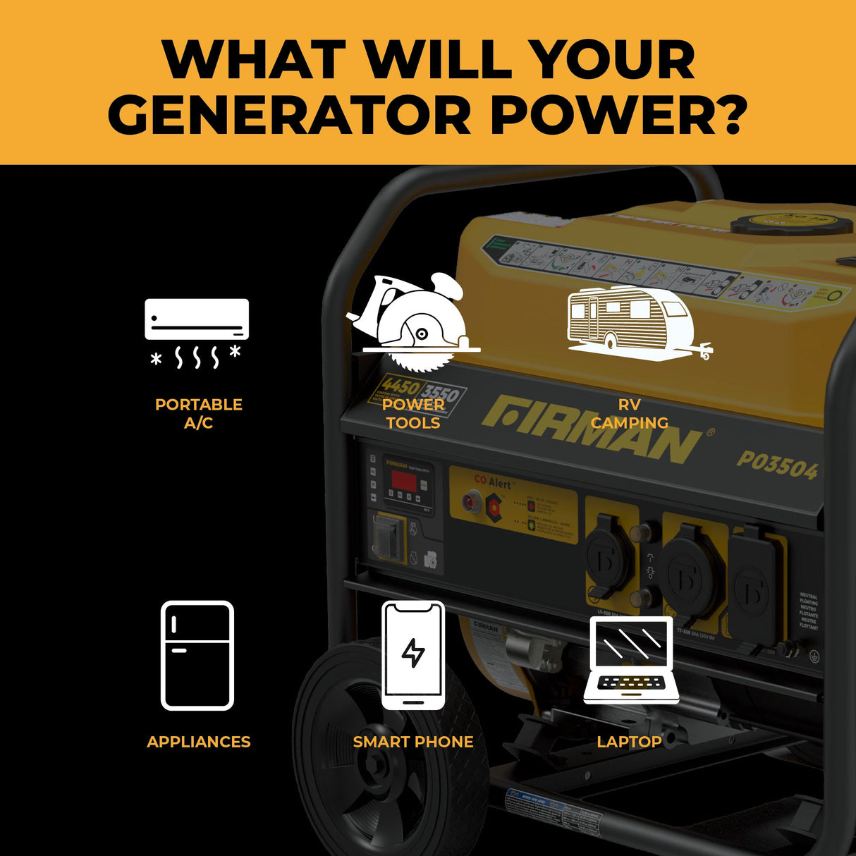 Gas Portable Generator 4450W Recoil Start 120V with CO alert