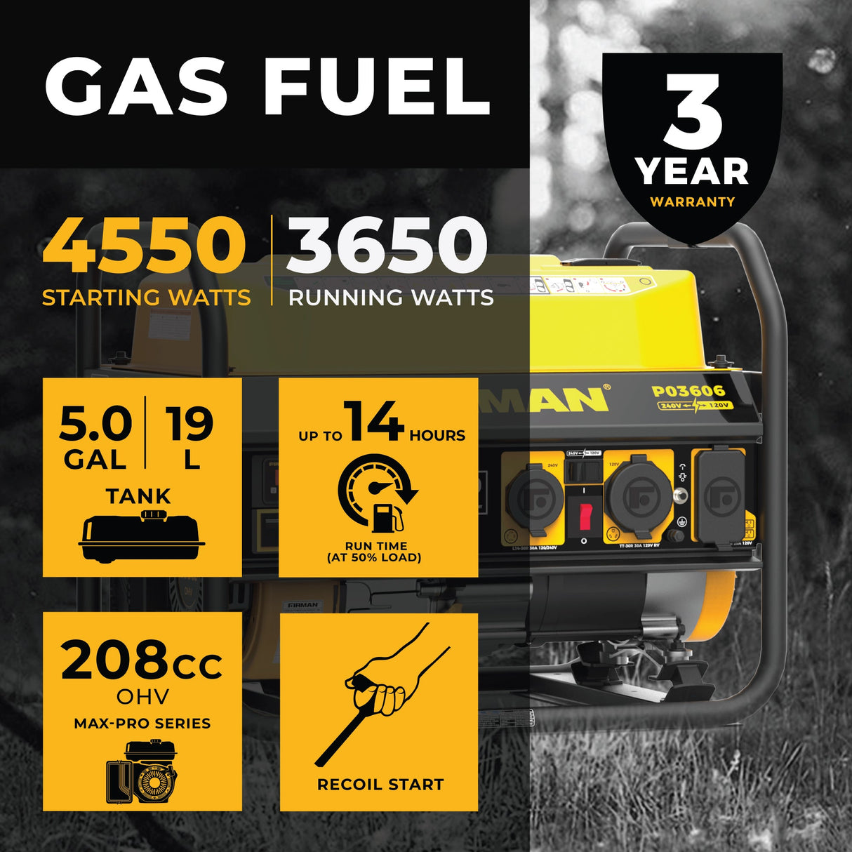 Gas Portable Generator 4550W Recoil Start 120/240V