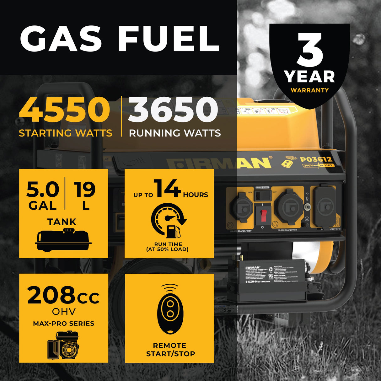 Gas Portable Generator 4550W Remote Start 120/240V