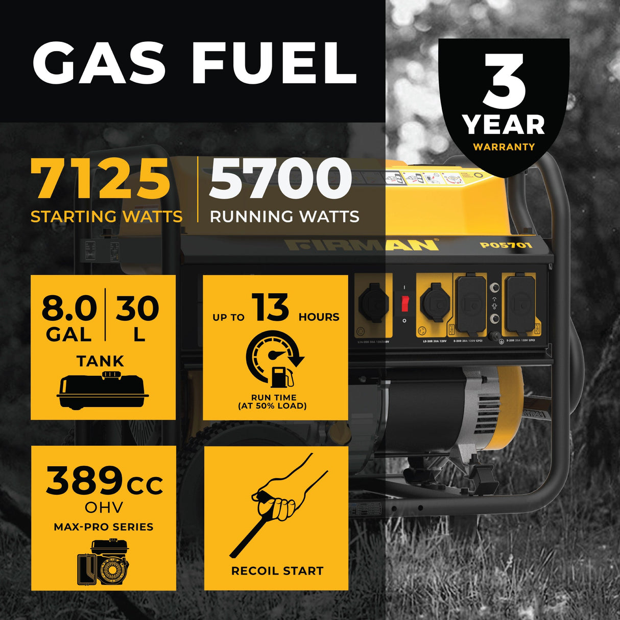 Gas Portable Generator 7125W Recoil Start 120/240V