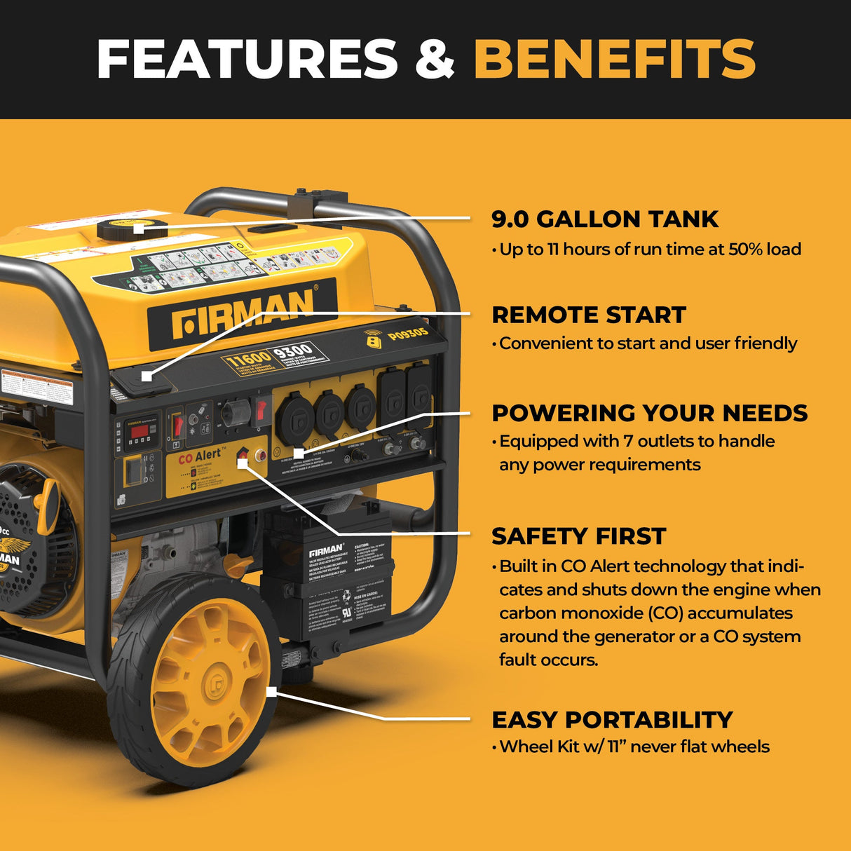 GAS PORTABLE GENERATOR 11600W REMOTE START 120/240V WITH CO ALERT