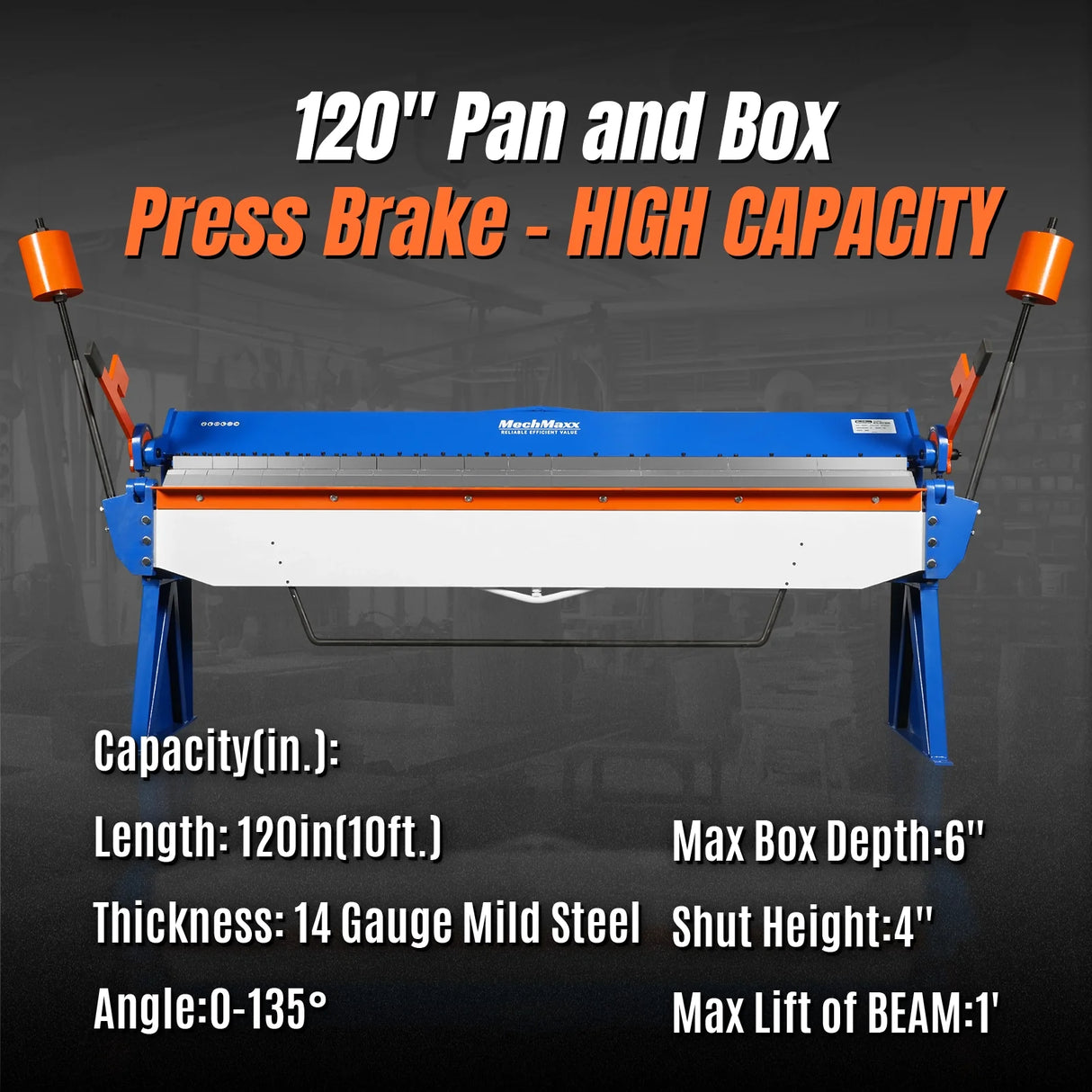 MechMaxx 120-inch Manual Sheet Metal Brake - 14 Gauge Bending Capacity, Adjustable Fingers, Heavy-Duty Steel Construction, Precision Bending for Box and Pan PB12014