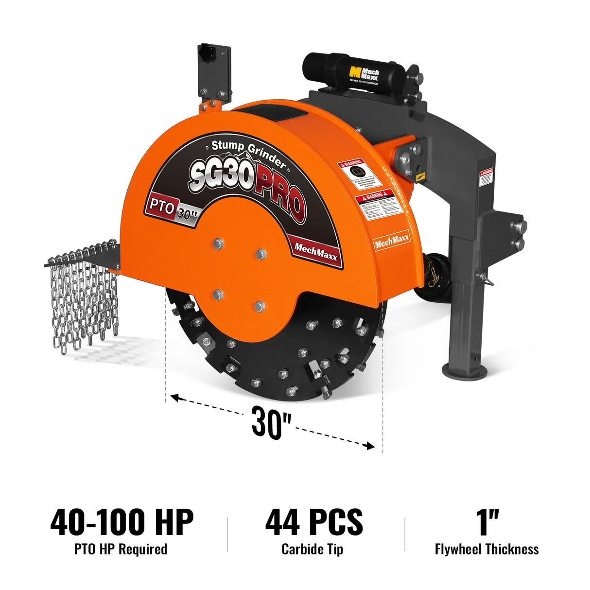 MechMaxx 3-Point PTO Stump Grinder, 30 in Flywheel, 40-100HP, with 44 Carbide Teeth (PTO Shaft Included with Slip Clutch), SG30PRO – Orange