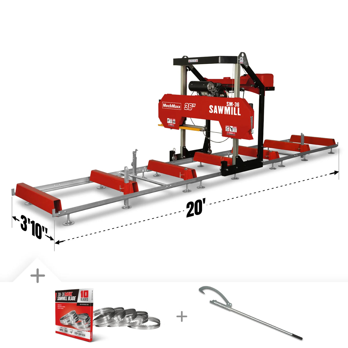 MechMaxx 36" MAX Portable Sawmill, 25HP 688cc HONDA GX690 V-Twin Engine, 36" Board Width, 20' Track Length, (10 x Blades Included), SM-36HMAX
