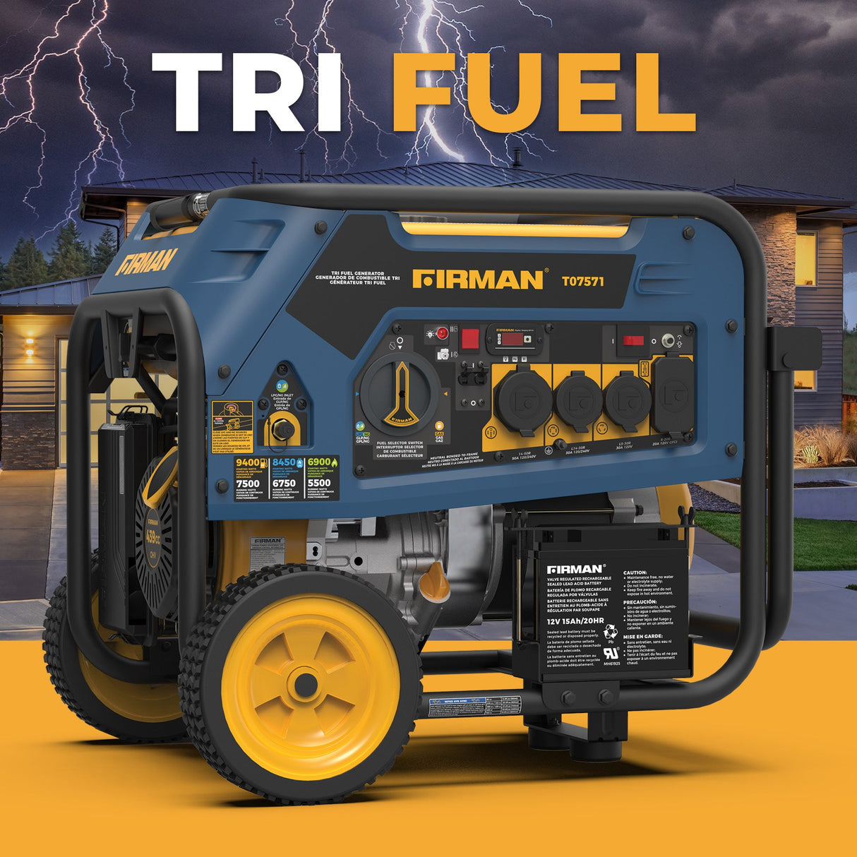 Tri Fuel 7500W Portable Generator Electric Start 120/240V