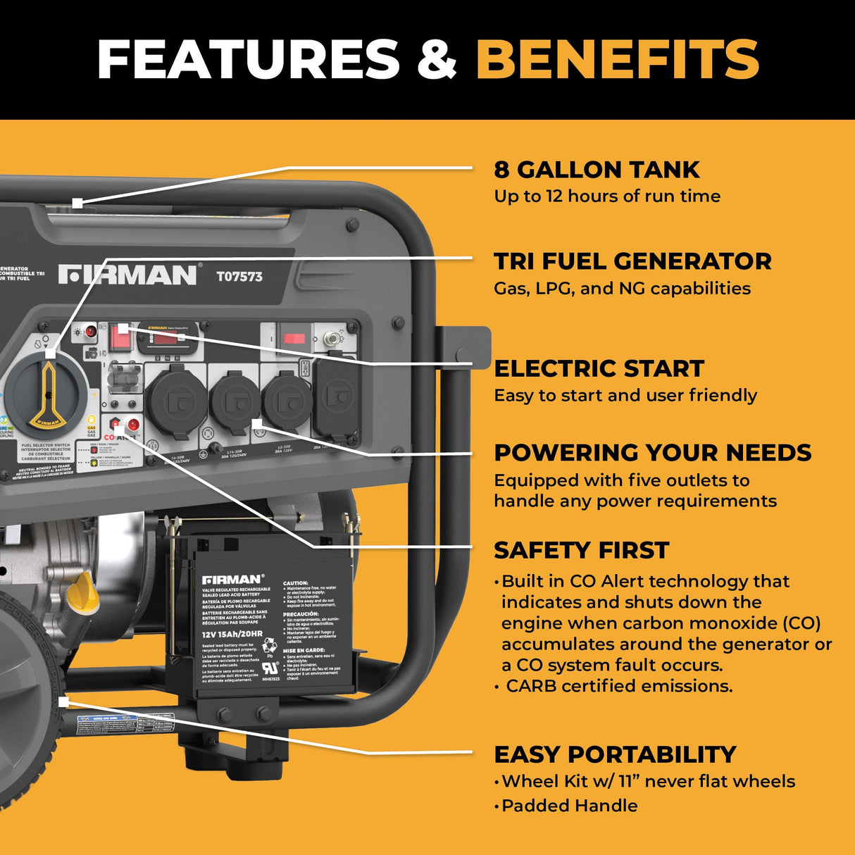 Refurbished Tri Fuel Portable Generator 9400W Electric Start 120/240V with CO Alert
