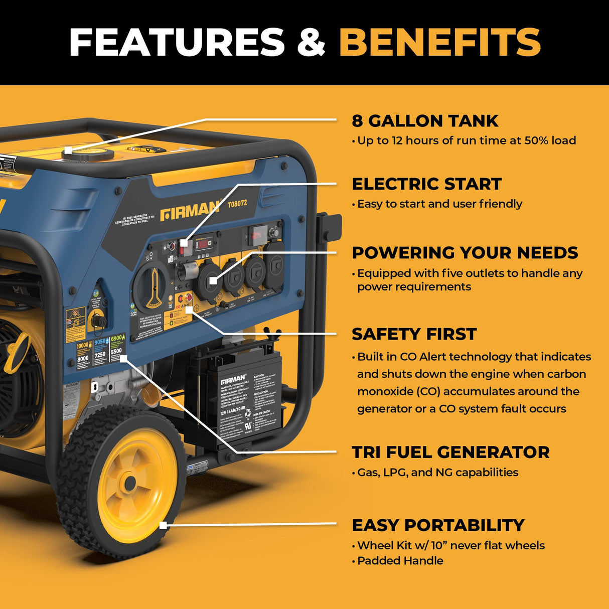 Tri Fuel 8000W Portable Generator Electric Start 120/240V with CO ALERT