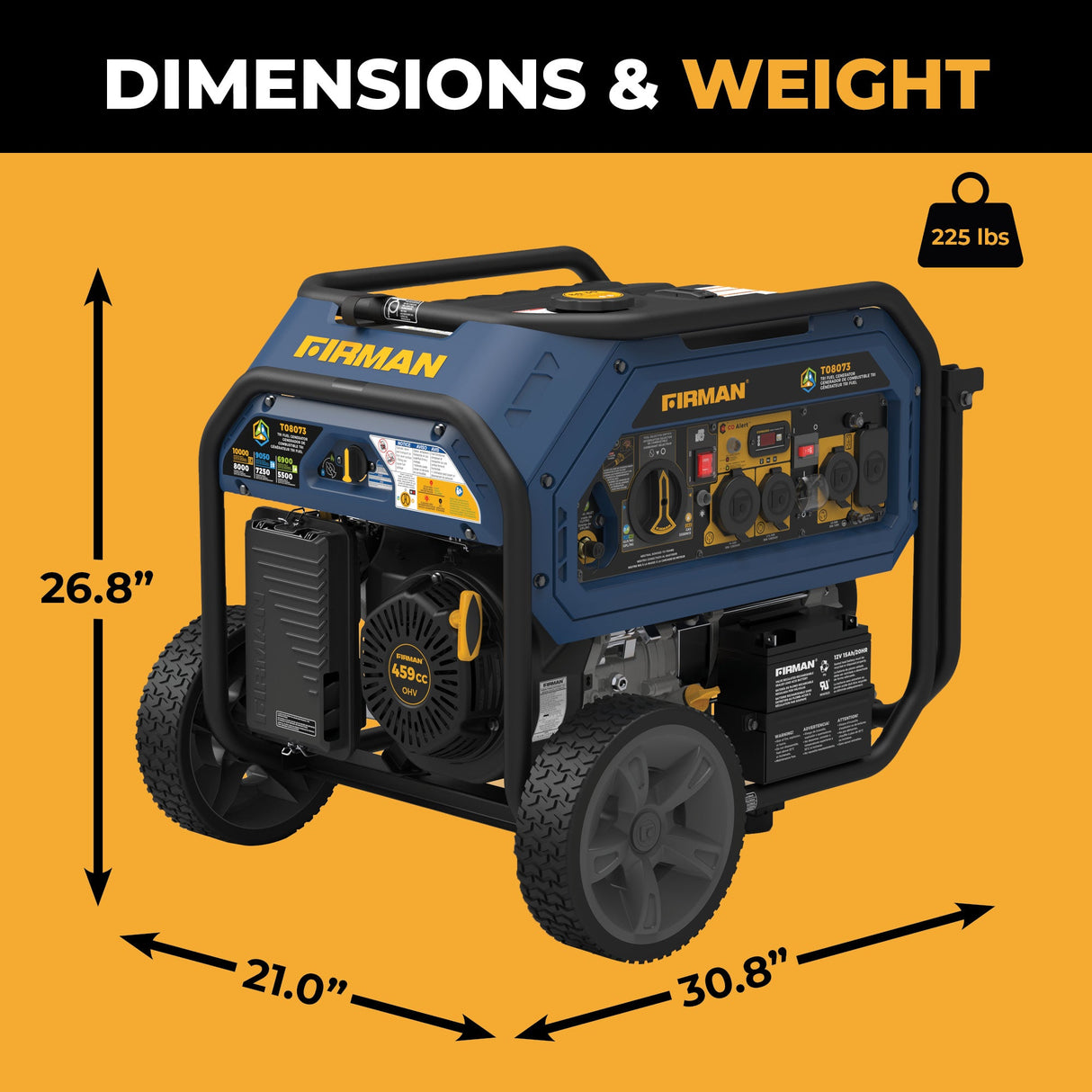 Tri Fuel Portable Generator 10000/8000W Electric Start With CO Alert