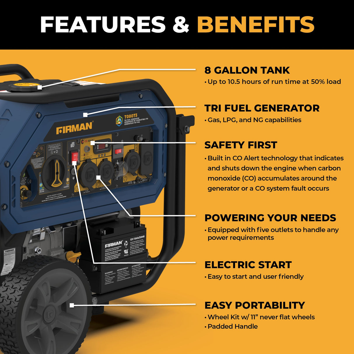 Tri Fuel Portable Generator 10000/8000W Electric Start With CO Alert