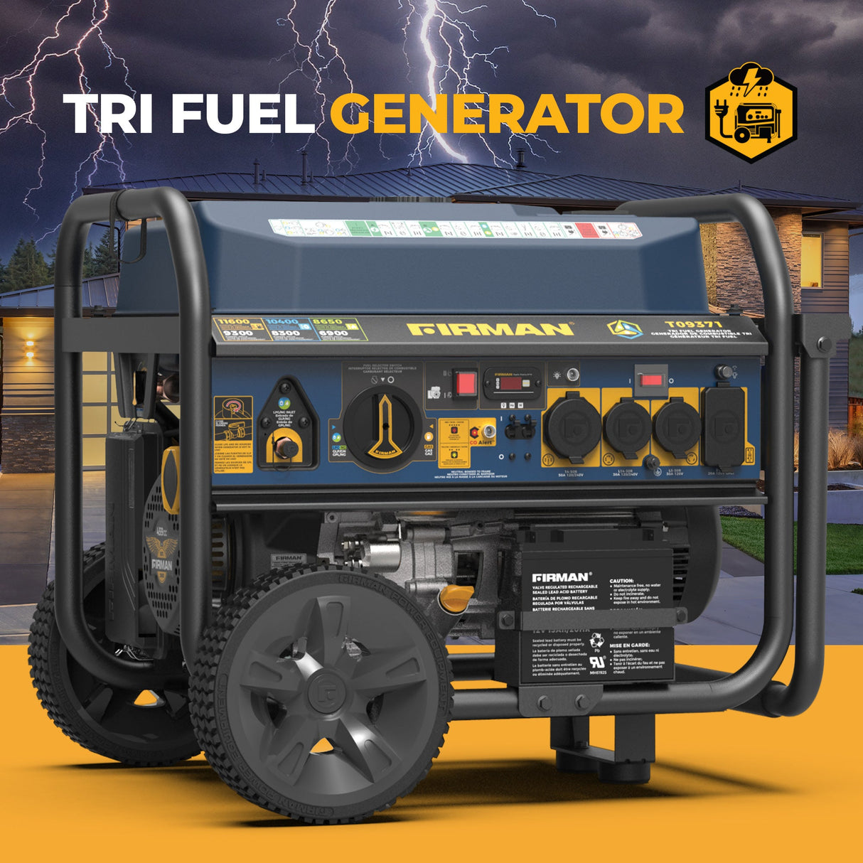 Tri Fuel Portable Generator 11600/9300W Electric Start 120V/240V with Power Cord