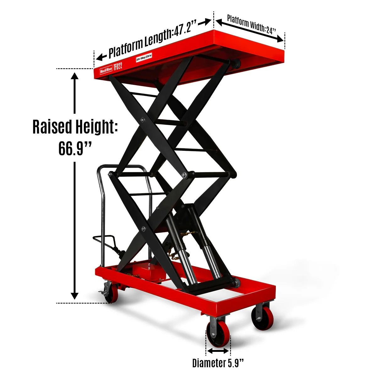 Mobile Double Scissor Lift Table Cart 2200lbs Capacity, Platform Size, 47.2" x 24", Height 66.9" , TFD22