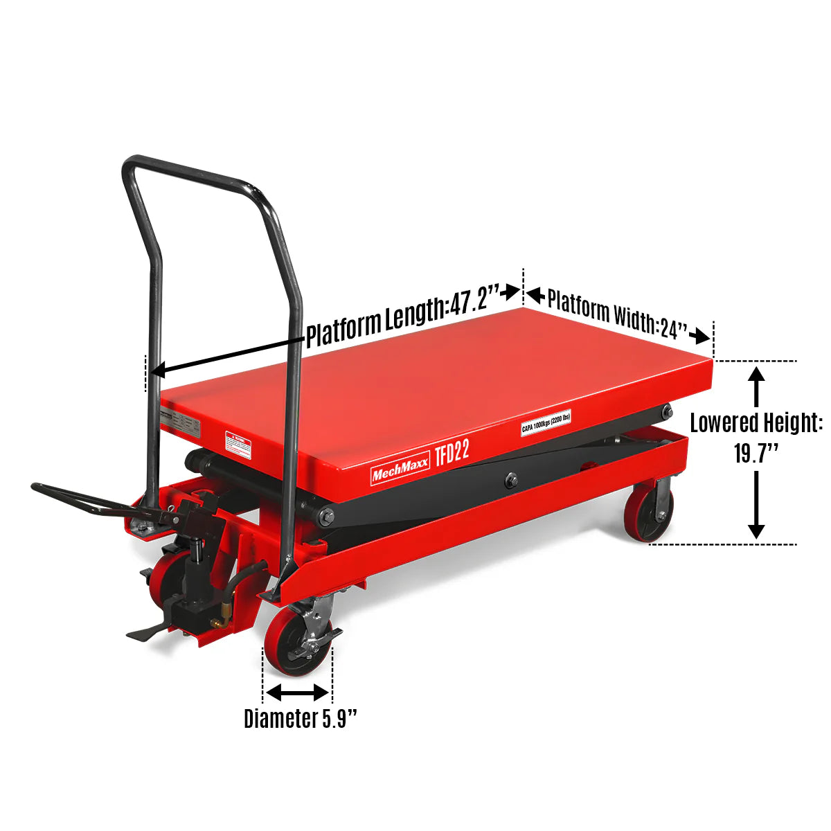 Mobile Double Scissor Lift Table Cart 2200lbs Capacity, Platform Size, 47.2" x 24", Height 66.9" , TFD22