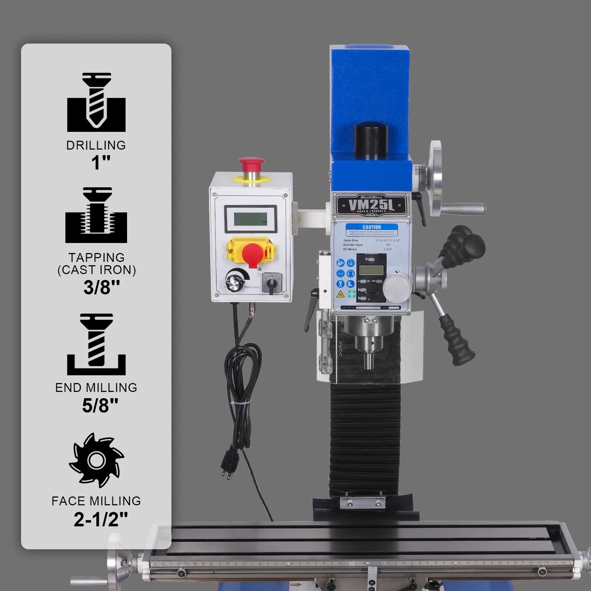 MechMaxx 7‘’ x 27-1/2‘’ Benchtop Mini Mill Drill Machine, Variable Speed, Brshless Motor, R8 Spindle, 1.5 HP, 110V, Compact Milling Drilling Tool for Garage Shop, DIY Metalworking without Stand VM25L