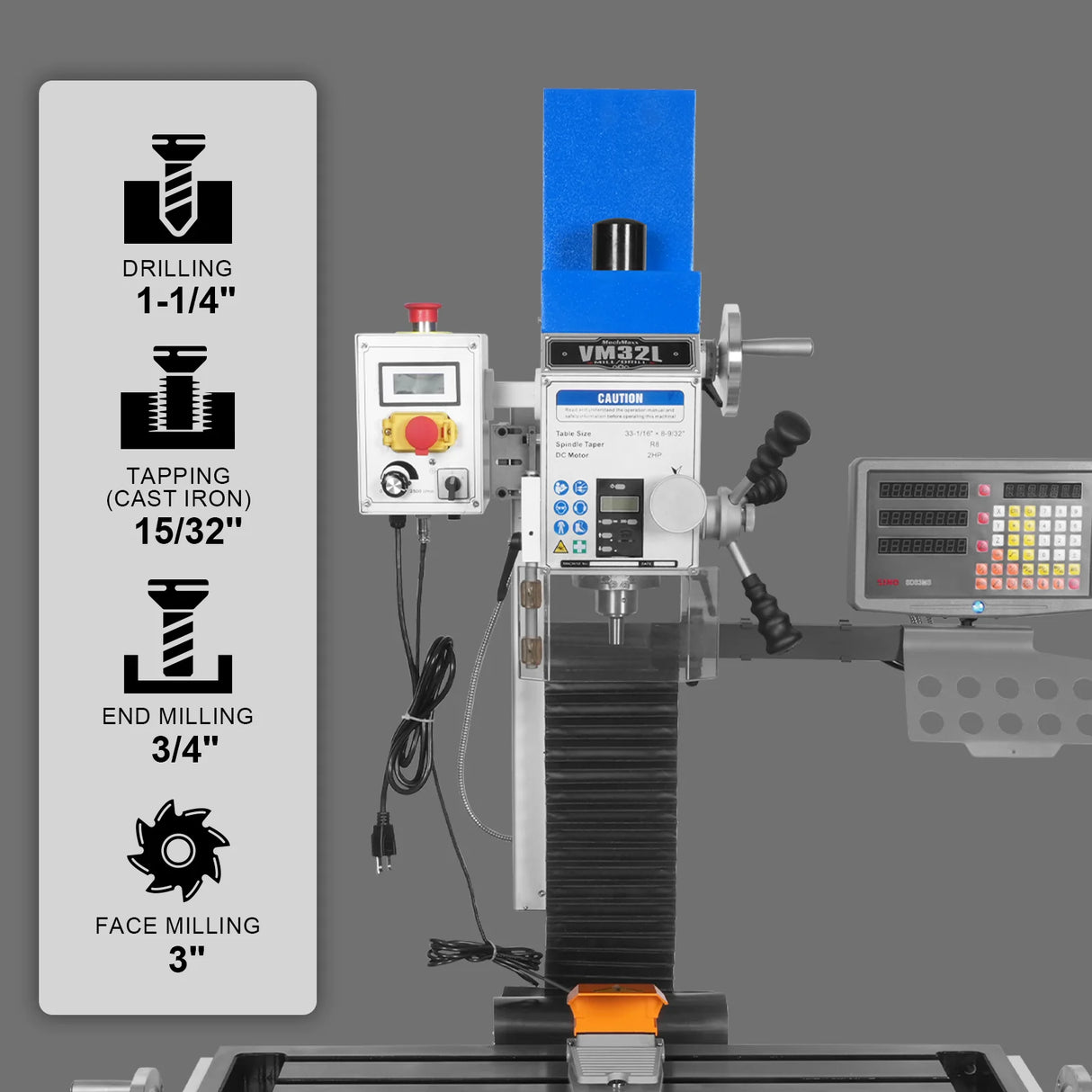 MechMaxx 8-1/4"x33'' Industrial Benchtop Mill Drill Machine with DRO, Variable Speed, Brushless Motor, R8 Spindle, 2 HP, 110V, Compact Milling Drilling Tool for Garage Shop, DIY Metalworking without Stand VM32LD