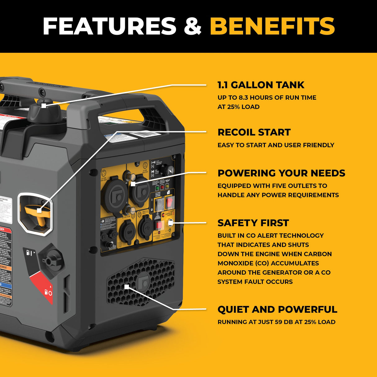 Inverter Gas Portable Generator 2500W Recoil Start with CO ALERT
