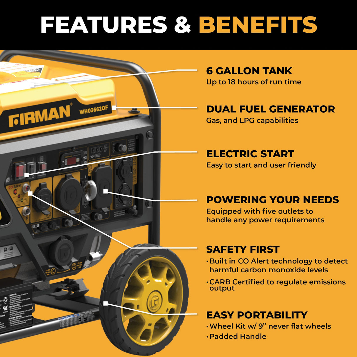 Dual Fuel Open Frame Inverter 4500W Electric Start With CO Alert