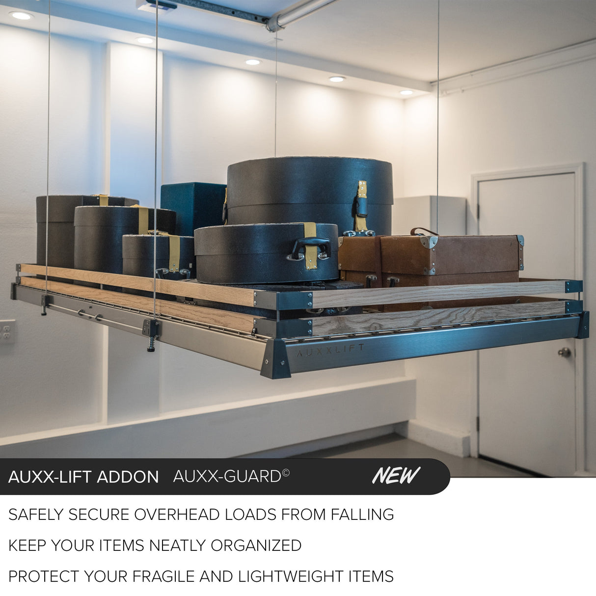 Motorized garage storage lift system with bins, illustrating efficient overhead storage solutions and organized space.