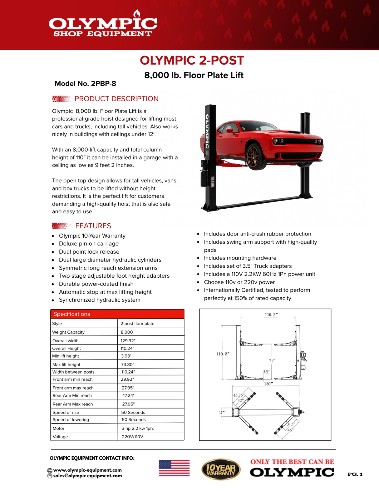 Olympic Equipment 8,000 lb Base Plate 2-Post Car Lift 2PBP-8