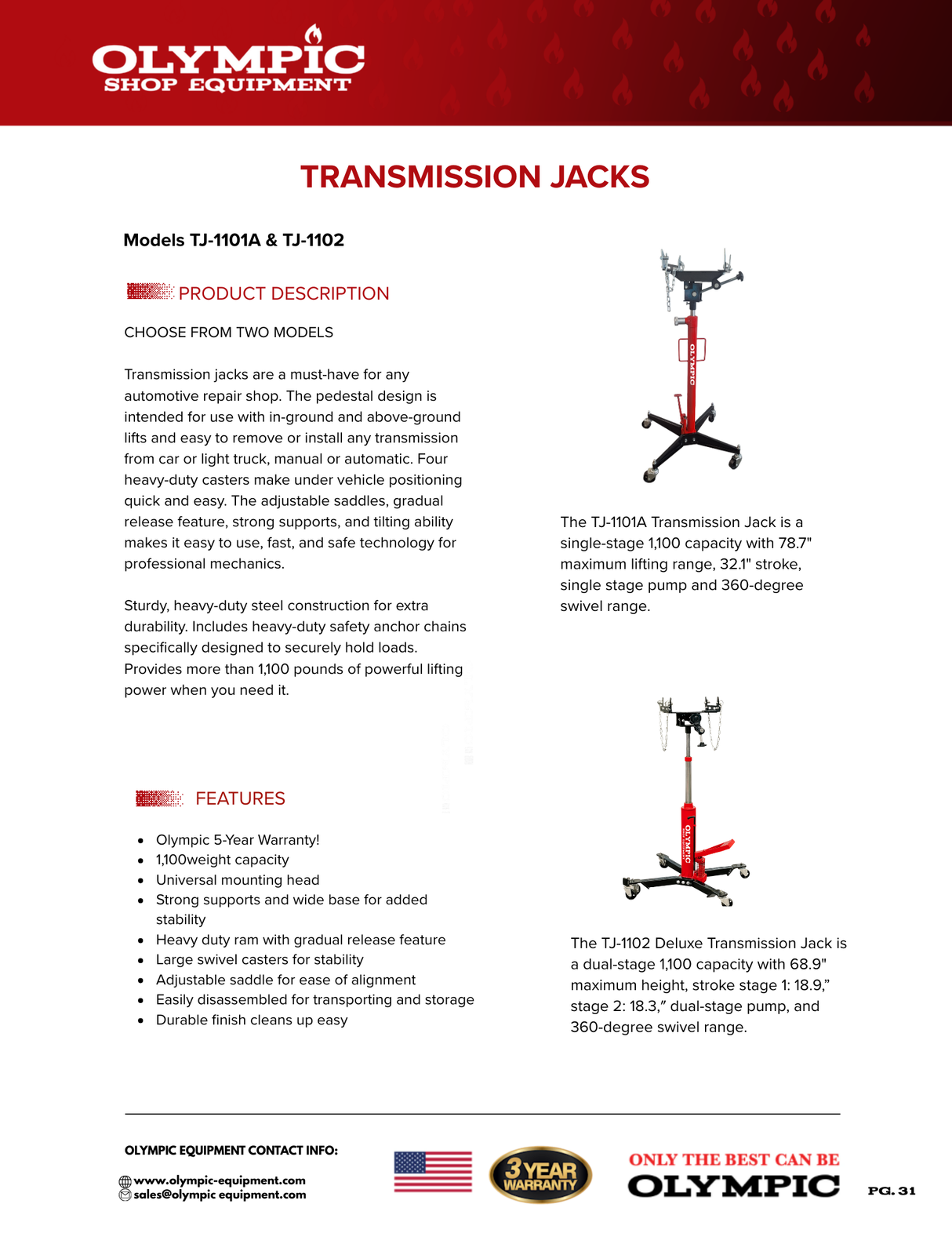 Olympic Equipment 1,100 lb Single-Stage Transmission Jack TJ-1101A